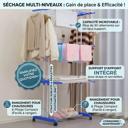 Étendoir à Linge Multi-Niveaux Premium – Grande Capacité & Roulettes 360°
