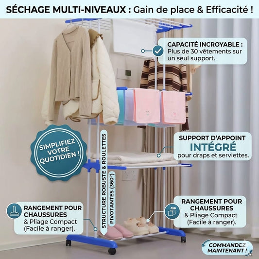 Étendoir à Linge Multi-Niveaux Premium – Grande Capacité & Roulettes 360°